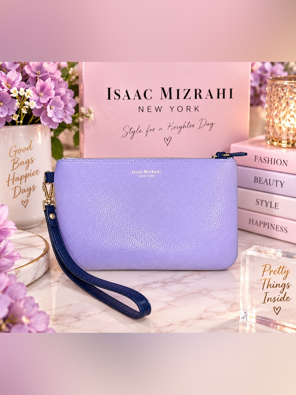 Isaac Mizrahi Lavender Leather Wristlet with Navy Blue Strap
